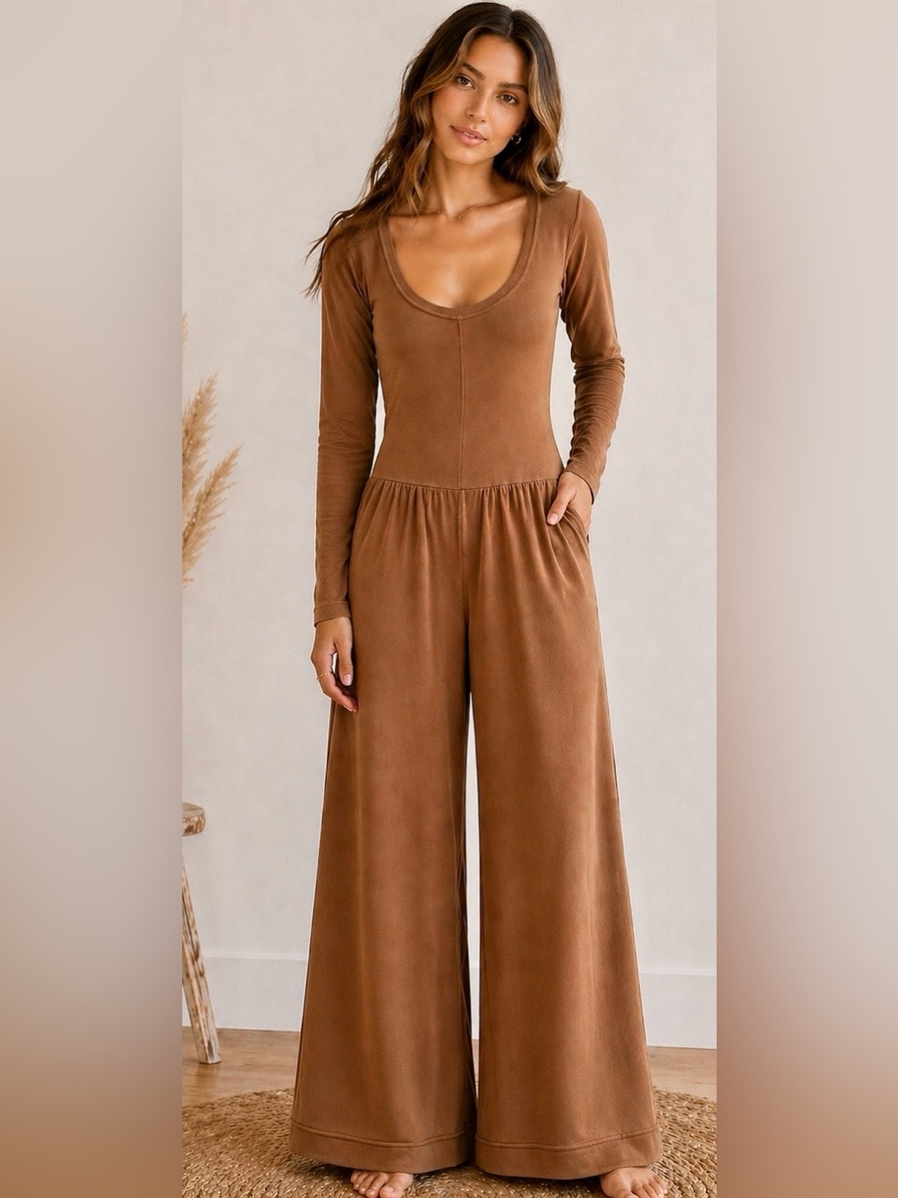 Free People Hot Shot Onesie XS Camel Brown Wide Leg Lounge Jumpsuit RARE